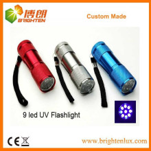 Fábrica de boa qualidade de boa qualidade Multicolor Handheld alumínio 9 LED Blacklight Tocha UV lanterna